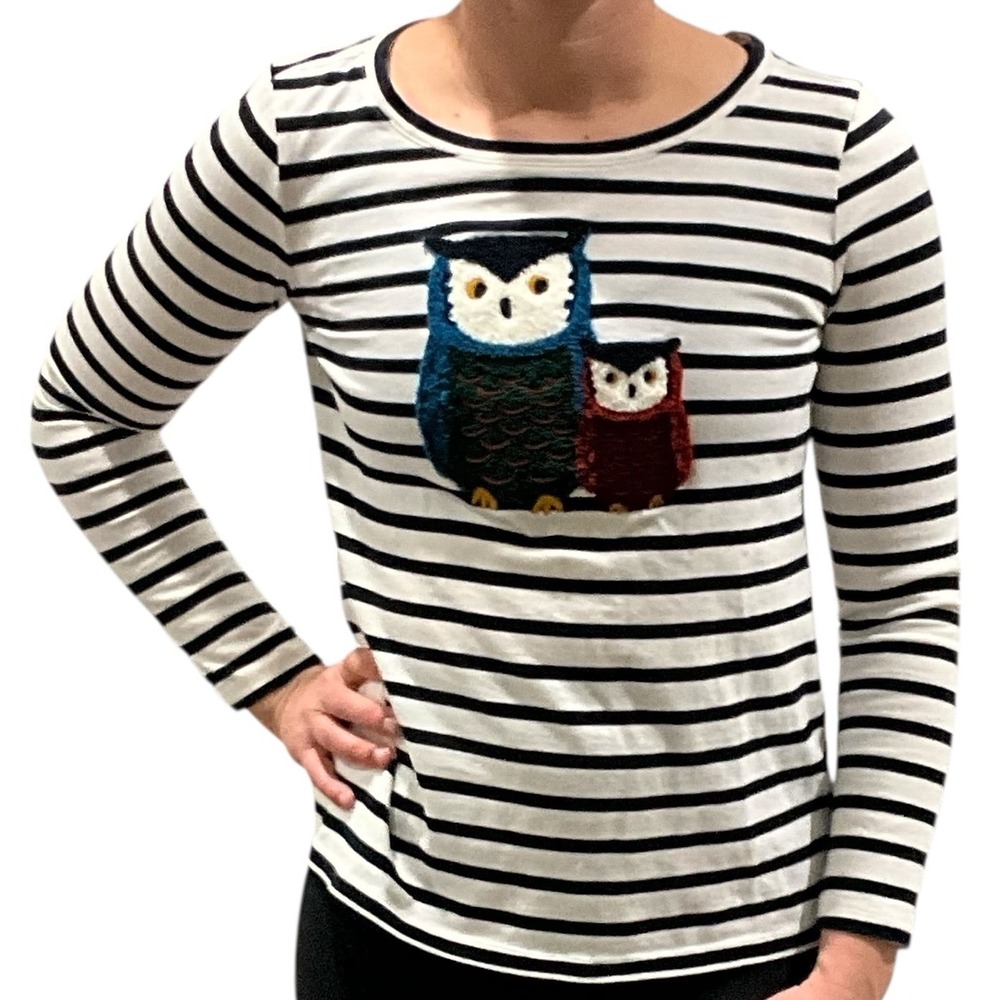 Talbots Petite Black White Stripe Owl Applique Long Sleeve Cotton Shirt Top